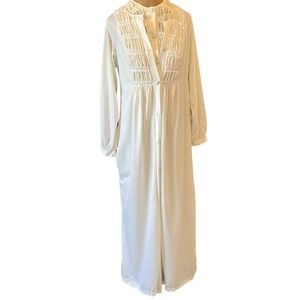 Vintage 60s peignoir set cream color nylon ruched front maxi nightgown robe set